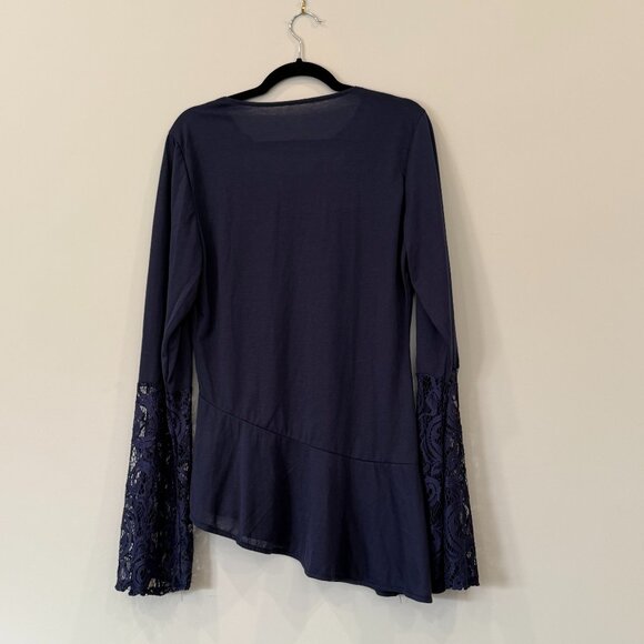 Embellished Navy Asymmetrical Tunic Lace Long Sleeves Size Large - Picture 2 of 5